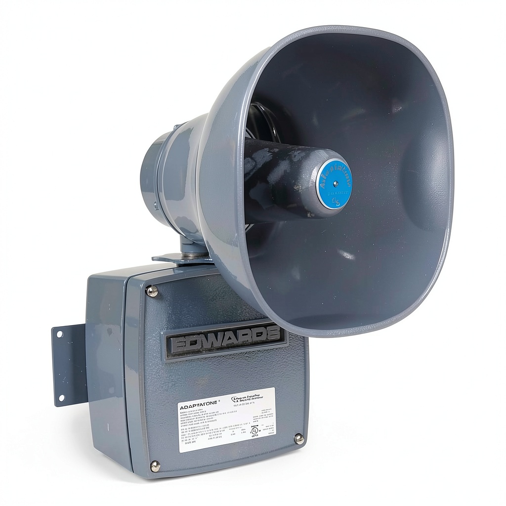 Edwards industrial warning alarm mounted on a factory wall