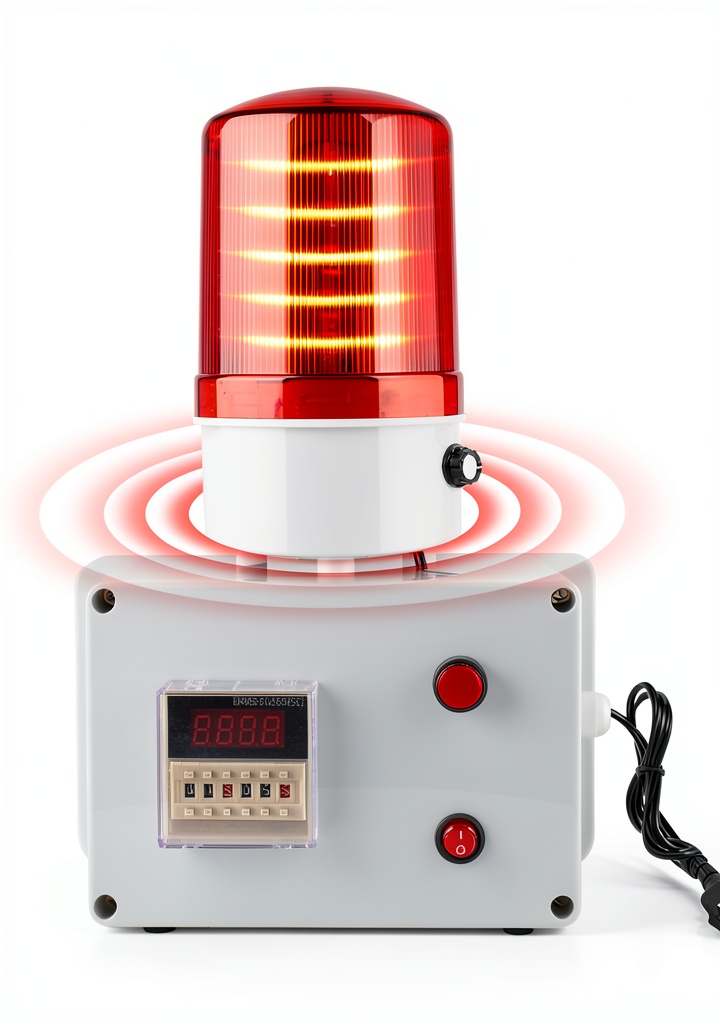 Kbaoele industrial timer alarm showing reset button and volume control on a factory workstation
