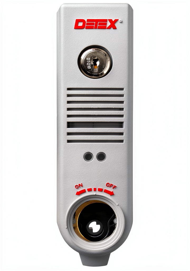 'Detex EAX-500 door alarm mounted on a metal door frame'