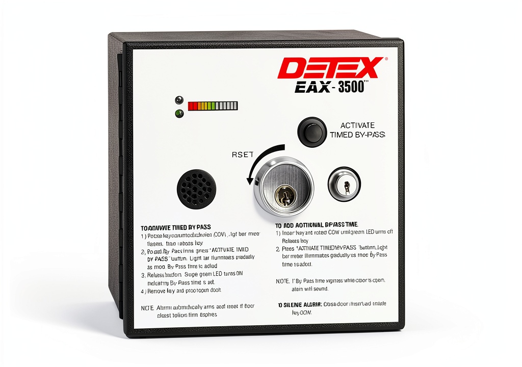 Detex EAX3500 exit alarm mounted on a wall in an industrial setting